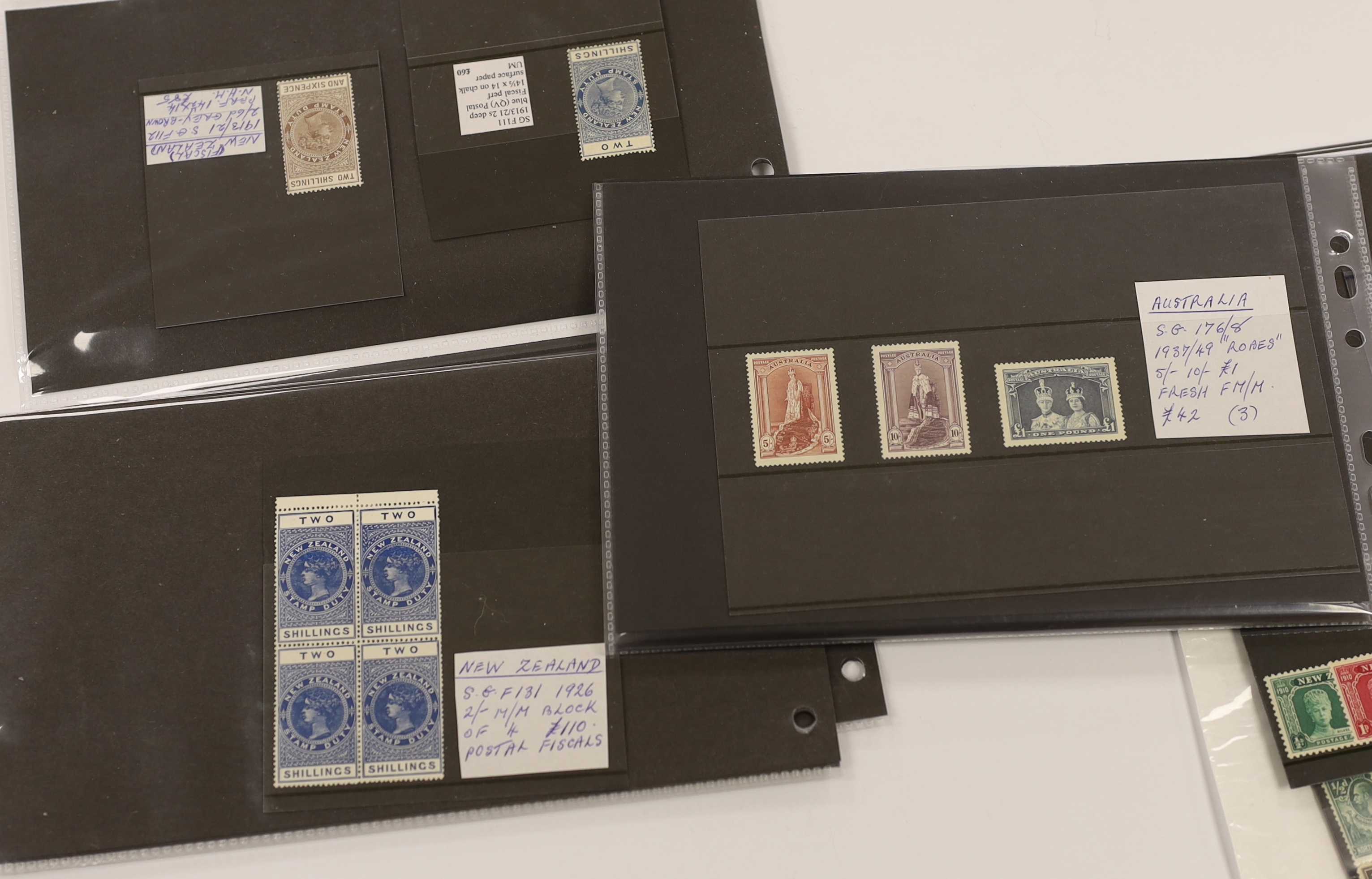 Various stamps including New Guinea 1931 both Overprinted air sets, 1935 £2, 1939 set to £1, New Zealand Q.V. Postal Fiscals to 5/- (2), 6/- and 10/-, 1902 2/- marginal block, Rhodesia 1905 Falls set, Northern Rhodesia 1